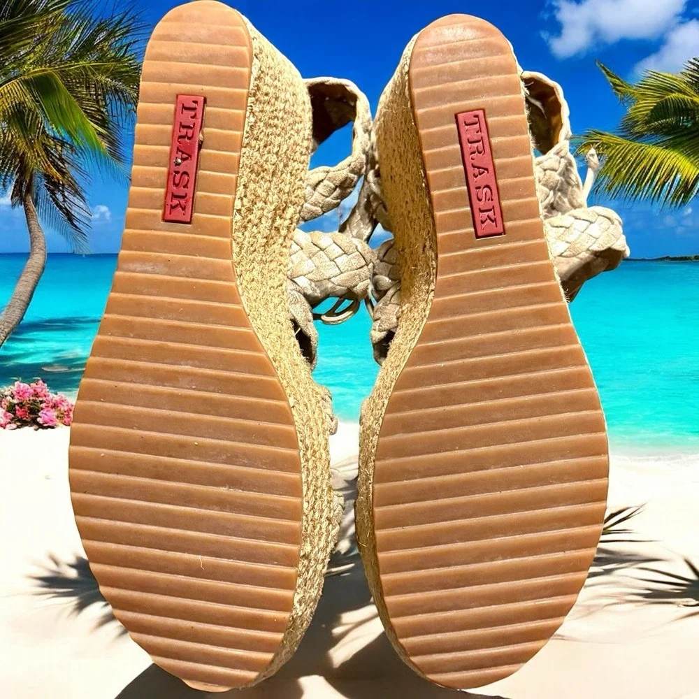 Trask Patrice Braided Wedge Platform Sandals Gold Shimmer‎ Size 9 Coastal Boho